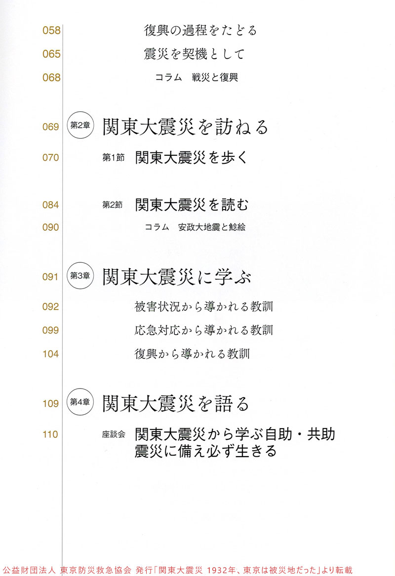 「関東大震災 - 1923年、東京は被災地だった -」発行 公益財団法人 東京防災救急協会 目次2の画像